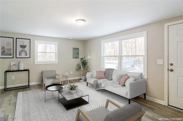 living room featuring electric panel and light hardwood / wood-style floors