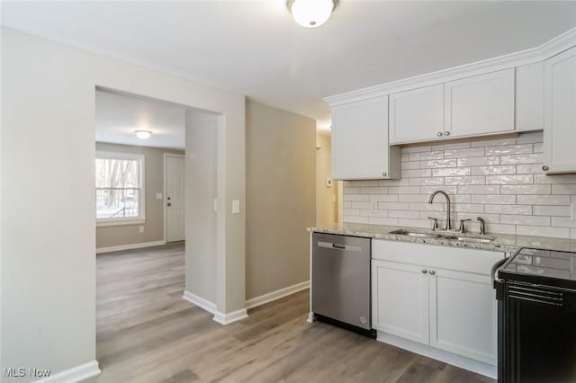 kitchen featuring white cabinetry, sink, stainless steel dishwasher, and black range with electric stovetop