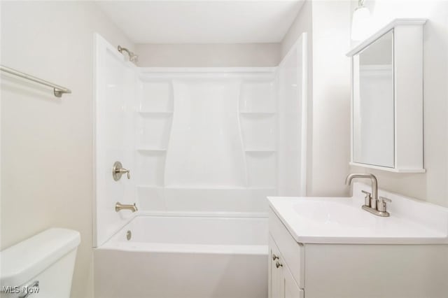 full bathroom with vanity, bathtub / shower combination, and toilet