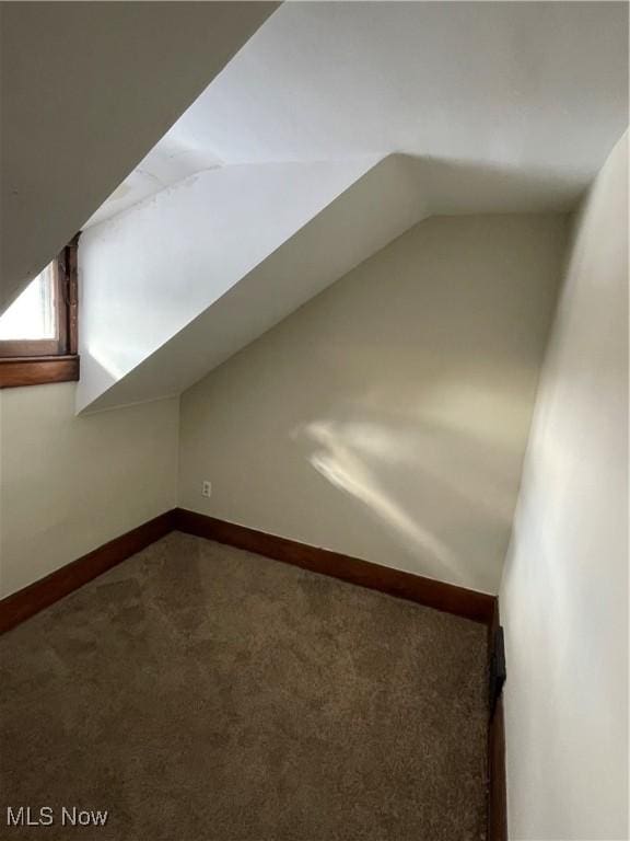 bonus room with lofted ceiling and carpet flooring