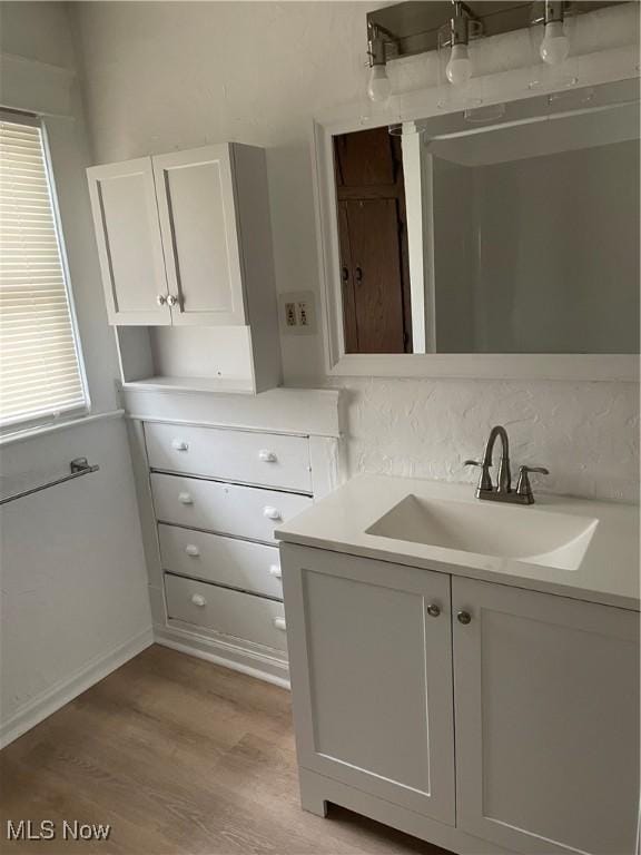 bathroom with tasteful backsplash, sink, and hardwood / wood-style floors