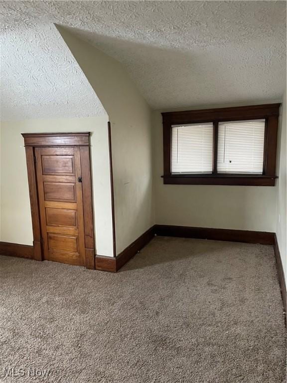 unfurnished room with carpet and a textured ceiling