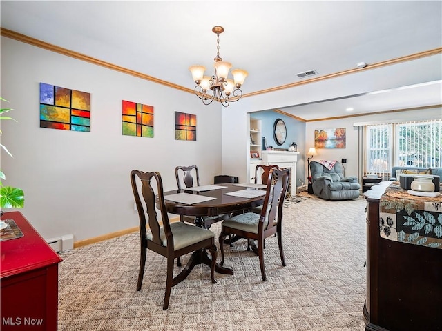 carpeted dining area featuring a baseboard radiator, ornamental molding, and a chandelier