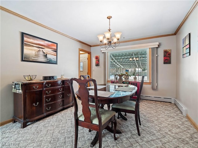 carpeted dining room with crown molding, a chandelier, and a baseboard radiator