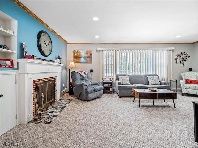 carpeted living room featuring ornamental molding