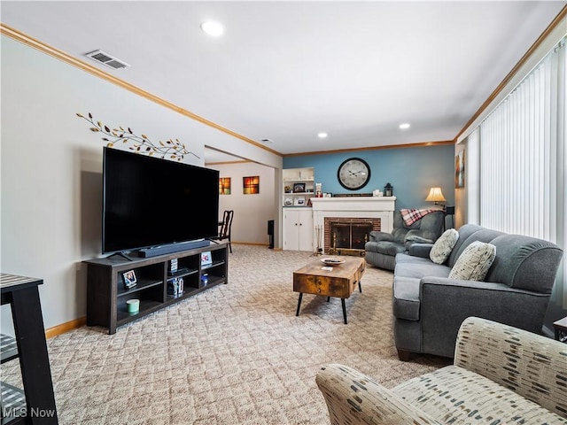 carpeted living room with crown molding and a fireplace