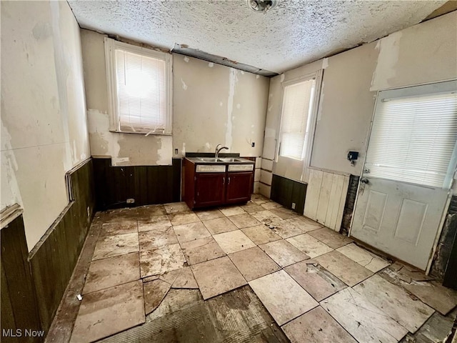 miscellaneous room with wooden walls, sink, and a textured ceiling