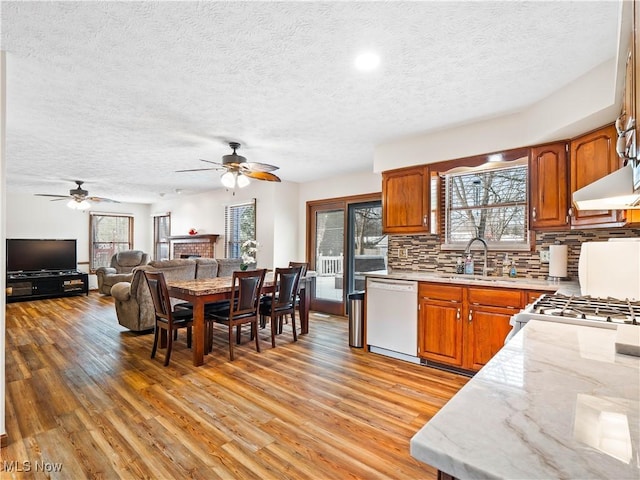 kitchen featuring white dishwasher, sink, a fireplace, and light hardwood / wood-style floors