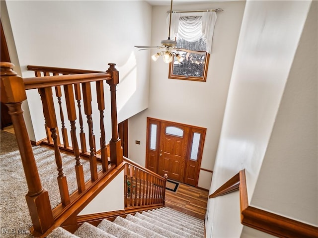 entryway featuring a towering ceiling, ceiling fan, and wood finished floors