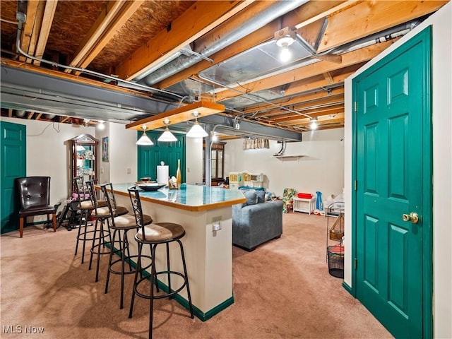 bar featuring light colored carpet