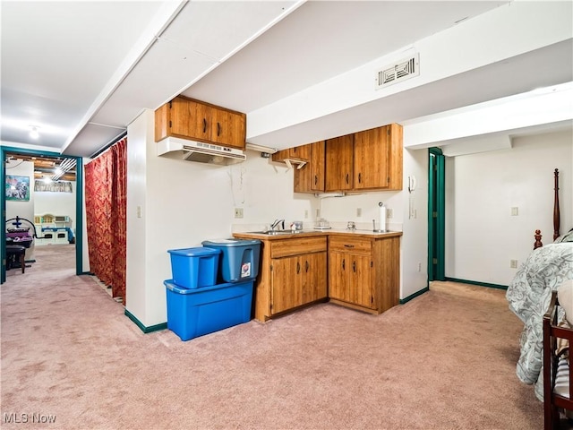 kitchen featuring light colored carpet