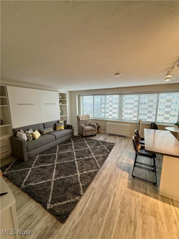 living room with hardwood / wood-style flooring, built in shelves, and a textured ceiling