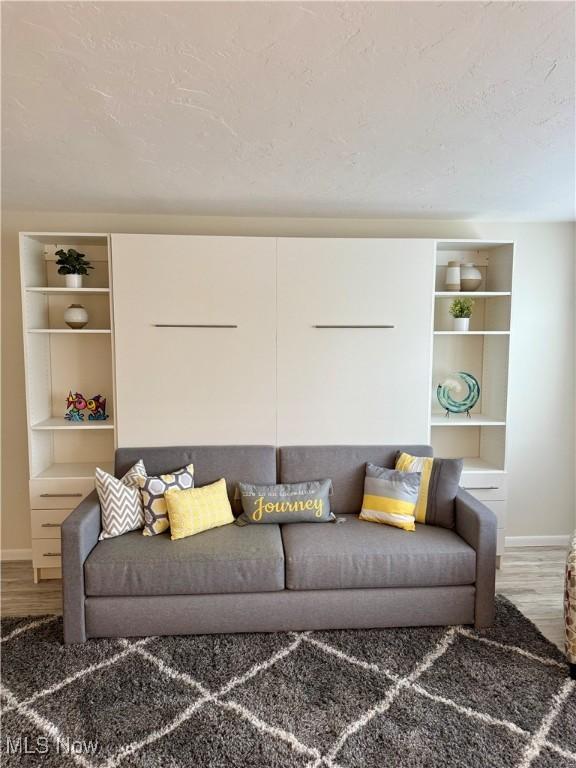 living room with hardwood / wood-style flooring, built in features, and a textured ceiling