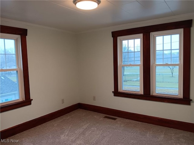 unfurnished room with carpet floors, ornamental molding, and plenty of natural light