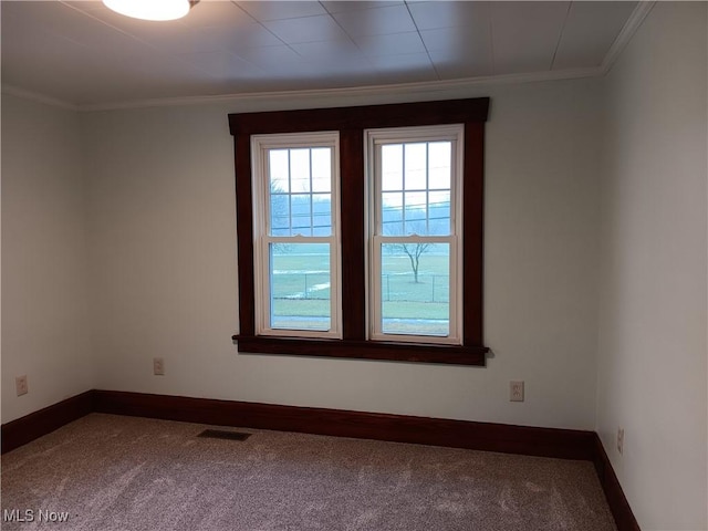 empty room featuring ornamental molding and carpet flooring