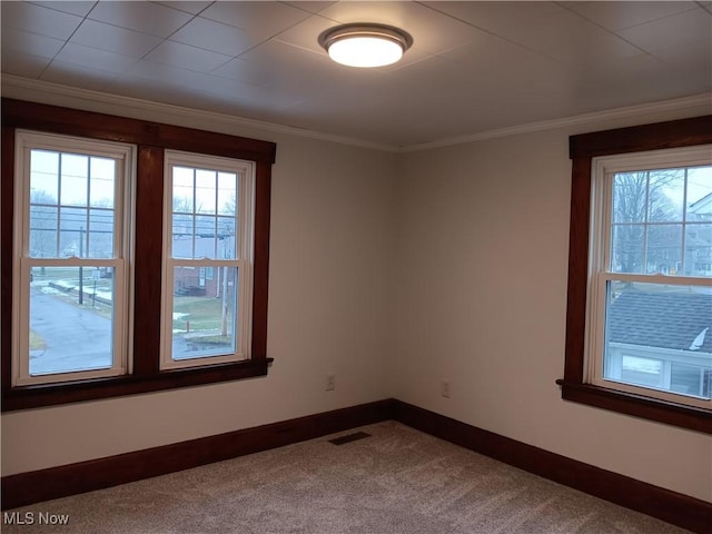 empty room featuring crown molding, a healthy amount of sunlight, and carpet flooring