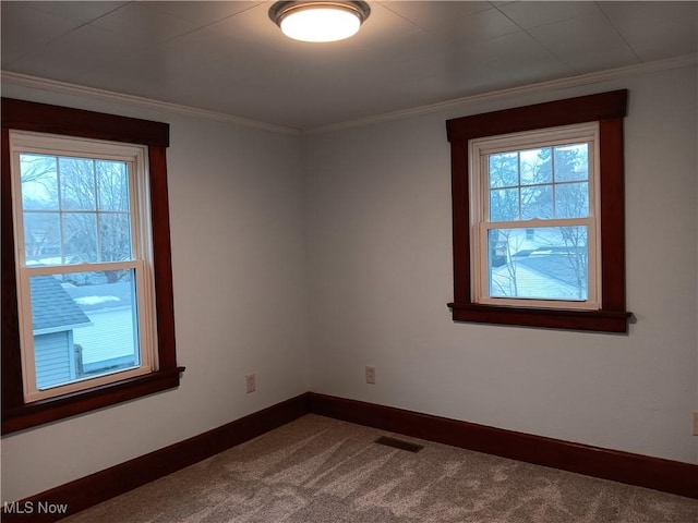 empty room featuring crown molding, plenty of natural light, and carpet floors