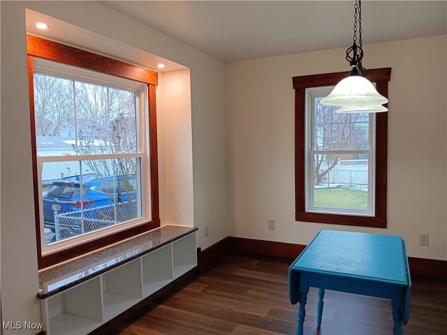 dining area with dark hardwood / wood-style flooring