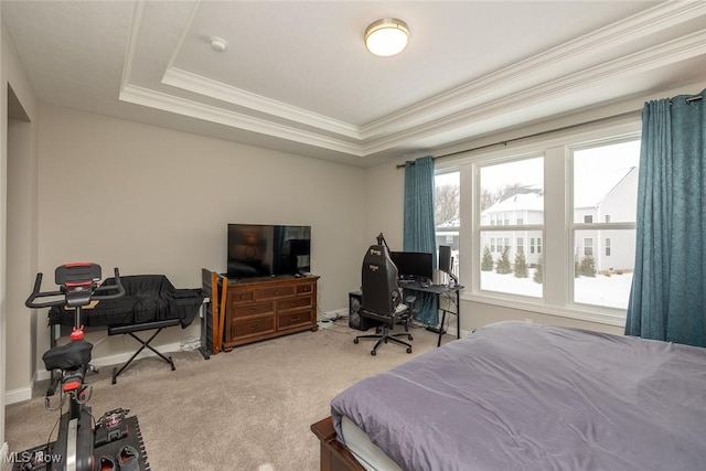 bedroom with crown molding, a raised ceiling, and carpet