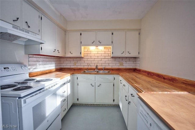 kitchen featuring white cabinetry, sink, wooden counters, decorative backsplash, and white appliances