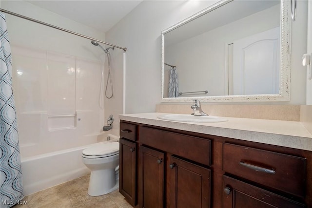 full bathroom with vanity, toilet, tile patterned flooring, and shower / tub combo