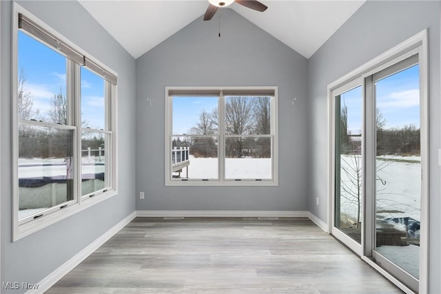 unfurnished dining area with lofted ceiling, light hardwood / wood-style floors, and ceiling fan