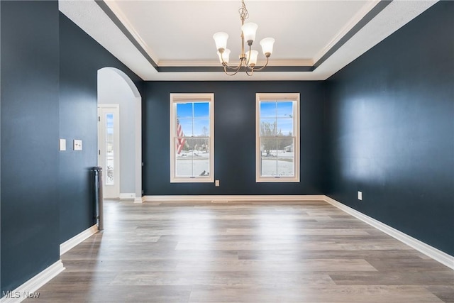 empty room with crown molding, hardwood / wood-style floors, and a tray ceiling