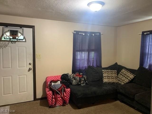 carpeted living room featuring a textured ceiling