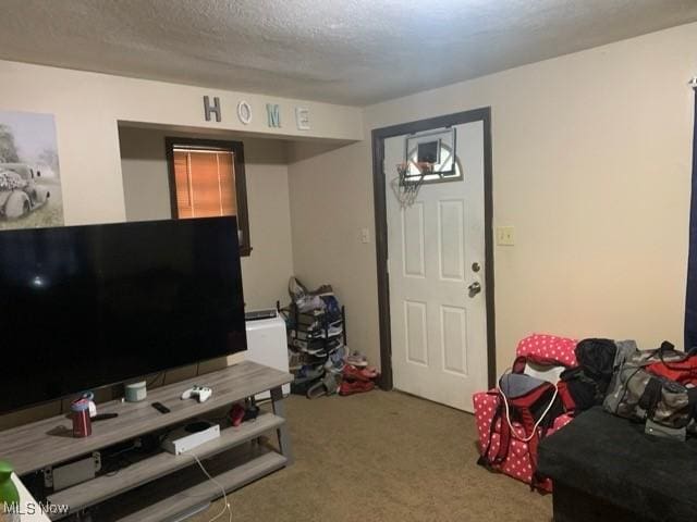 game room featuring carpet flooring and a textured ceiling