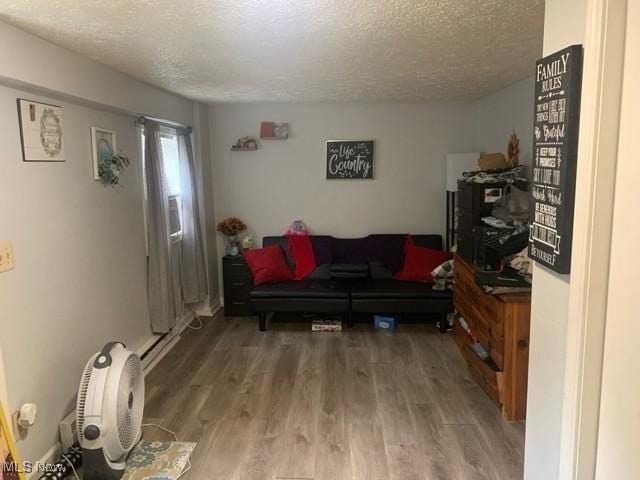 living room featuring wood-type flooring and a textured ceiling