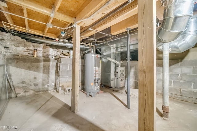 basement with heating unit and water heater