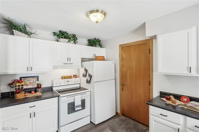 kitchen featuring white cabinetry and white appliances