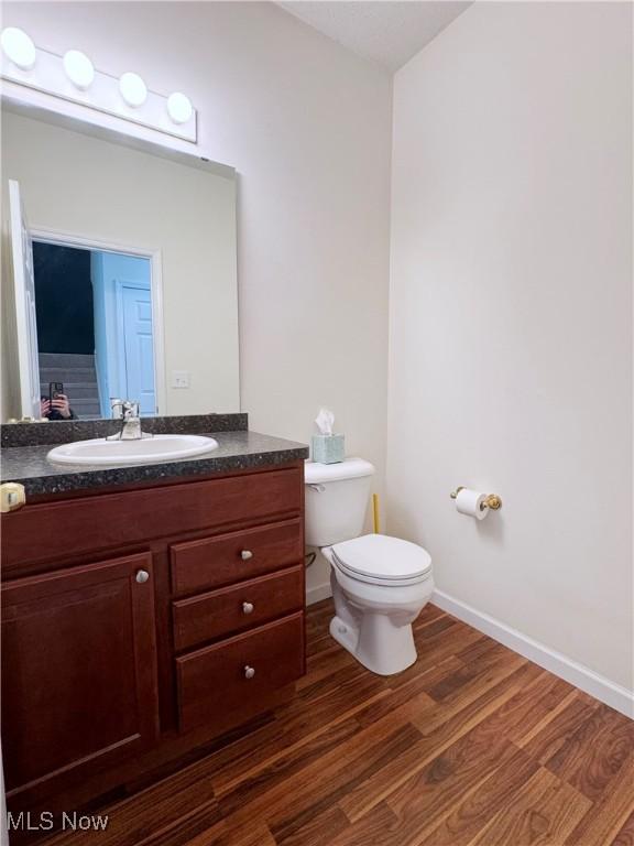 bathroom with vanity, wood-type flooring, and toilet