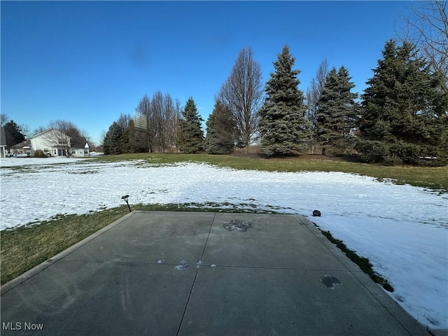 yard layered in snow with a patio