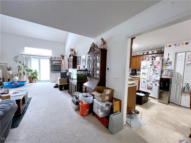 living room with a textured ceiling and light colored carpet