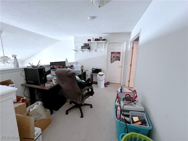 carpeted office with a textured ceiling and lofted ceiling