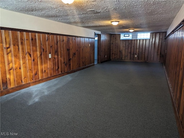 basement with a textured ceiling and wood walls