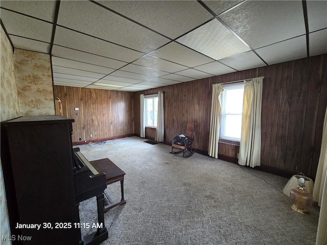 misc room with plenty of natural light, wooden walls, light carpet, and a drop ceiling