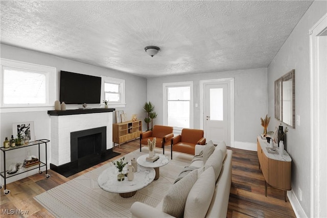 living room with wood-type flooring, a fireplace, and a textured ceiling