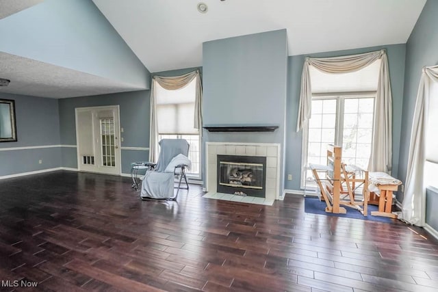 living area with baseboards, lofted ceiling, wood finished floors, and a fireplace