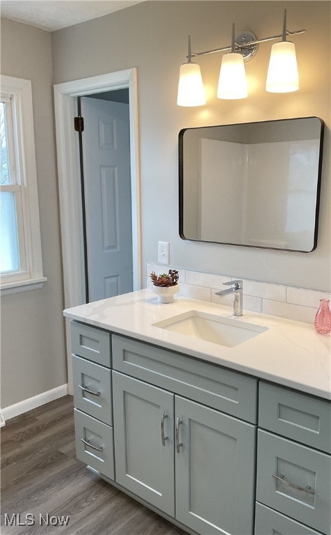 bathroom with vanity and hardwood / wood-style floors