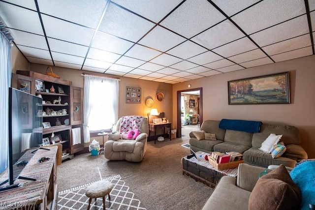 carpeted living room featuring a drop ceiling