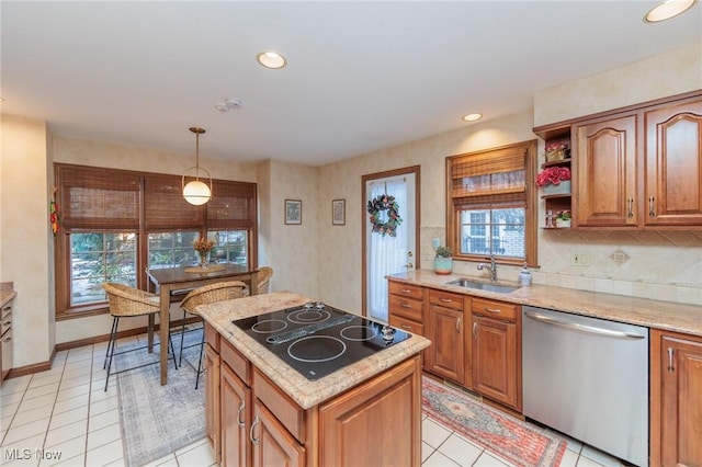 kitchen with sink, hanging light fixtures, dishwasher, black electric stovetop, and decorative backsplash