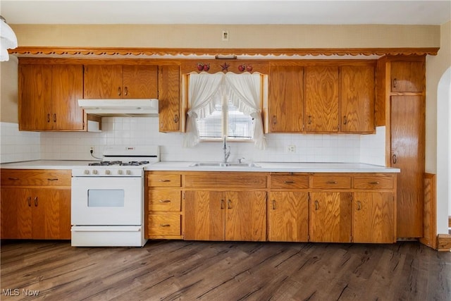 kitchen with dark hardwood / wood-style flooring, sink, decorative backsplash, and white gas range oven