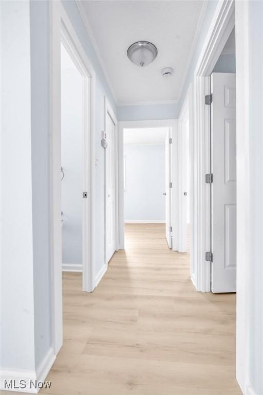 corridor with crown molding and light hardwood / wood-style floors