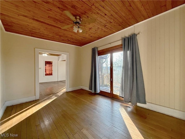 spare room with hardwood / wood-style floors, wooden ceiling, and ceiling fan