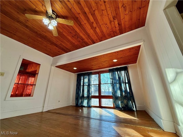 interior space with ceiling fan, wood-type flooring, and wooden ceiling