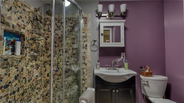 2250 Indian Camp Run Rd, New Concord, OH 43762 - bathroom featuring toilet, radiator heating unit, a shower stall, and vanity