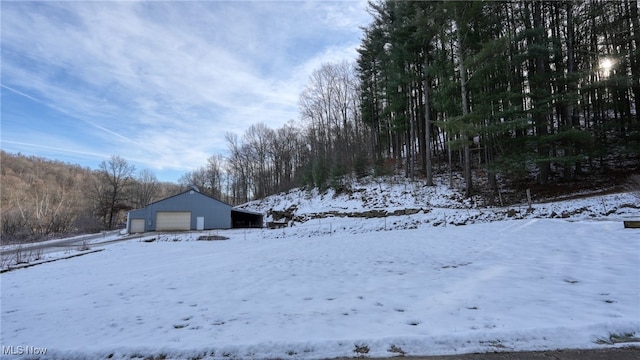 yard layered in snow with a garage and an outdoor structure