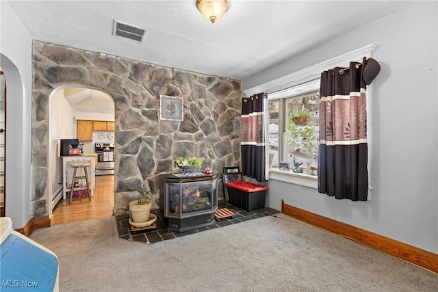 living room with carpet floors and a wood stove